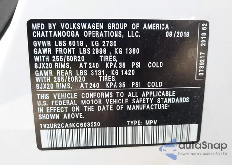 2019 Volkswagen Atlas 3.6L V6 Se W/Technology from USA, damaged, VIN 1V2UR2CA8KC603320